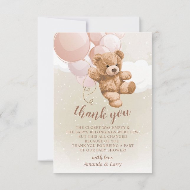 Teddy Bear with Pink Balloons Thank You Card (Front)