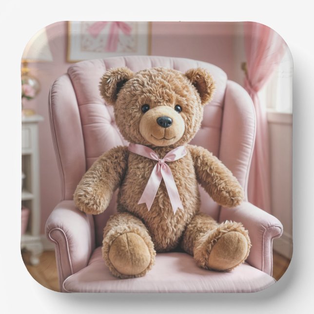 Teddy Bear With Pink Bow Paper Plate (Front)