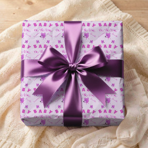 Teddy Bear With Pink Purple Text Baby Shower Wrapping Paper