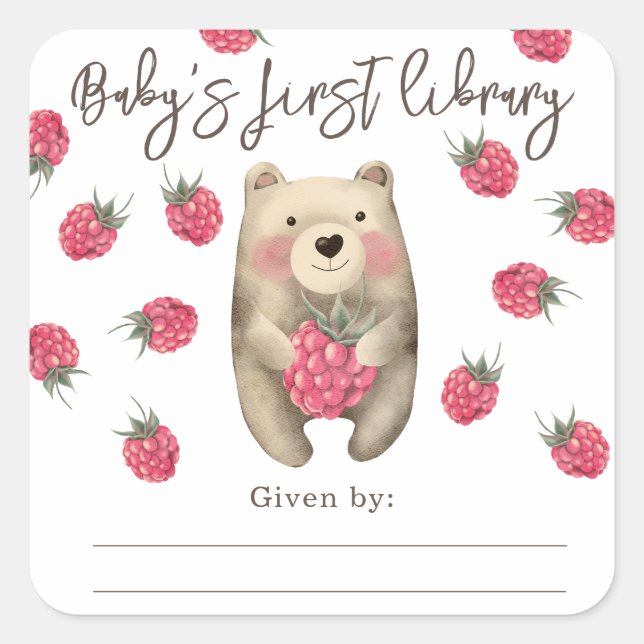Teddy bear with raspberry - baby's first library square sticker (Front)