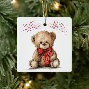 Teddy Bear with Red Bow Merry Christmas Ornament