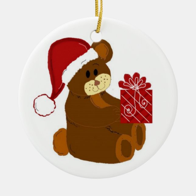 Teddy Bear with Santa Hat and Red Present Ceramic Tree Decoration (Front)