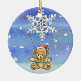 Teddy Bear with Snowflake Parachute Ceramic Tree Decoration