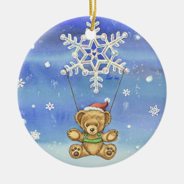 Teddy Bear with Snowflake Parachute Ceramic Tree Decoration (Front)
