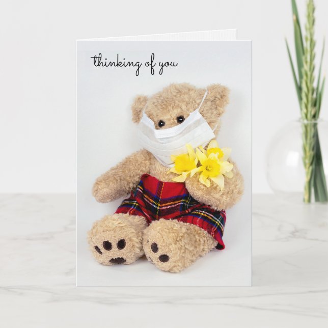 teddy bear with sterile mask and daffodils card (Front)