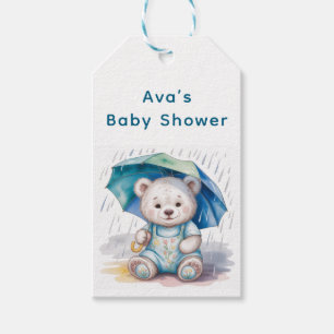 Teddy Bear With Umbrella Boy Baby Shower Thank You Gift Tags