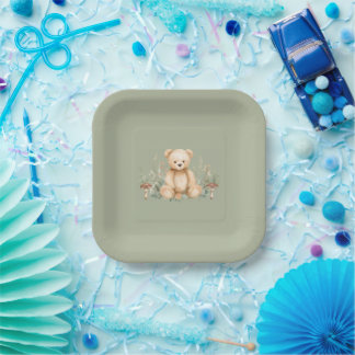 Teddy Bear Woodland Paper Plate Sage Green