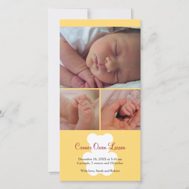 Teddy bear yellow montage baby birth announcement (Front)