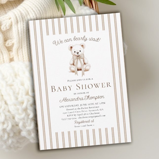 Teddy Bearly Wait Neutral Tan Stripes Baby Shower Invitation (bearly wait baby shower invitation traditional classic nursery stripes teddy bear bow watercolor)