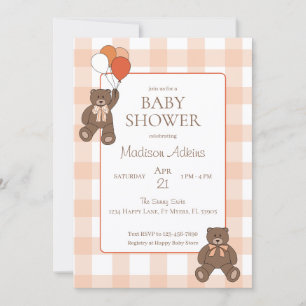 Teddy Bears Baby Shower Balloons Bows Orange Plaid Invitation