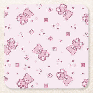 Teddy bears background Pink Square Paper Coaster