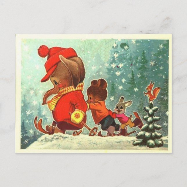 Teddy bears, bearly fun in the snow, Christmas Holiday Postcard (Front)