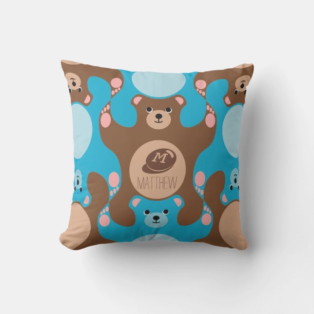 Teddy Bears brown blue Monogram Kid Outdoor Pillow (Front)