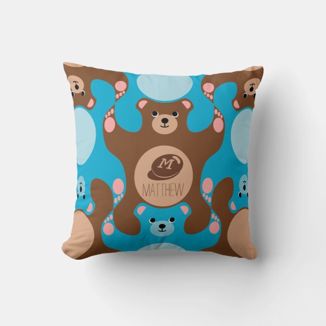 Teddy Bears brown blue Monogram Kid Square Pillow (Front)
