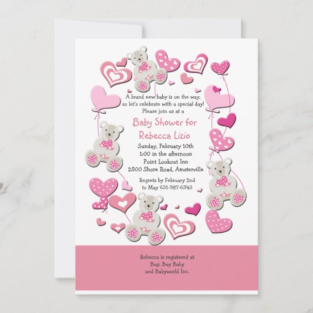 Teddy Bears & Heart Balloons Pink Invitation (Front)