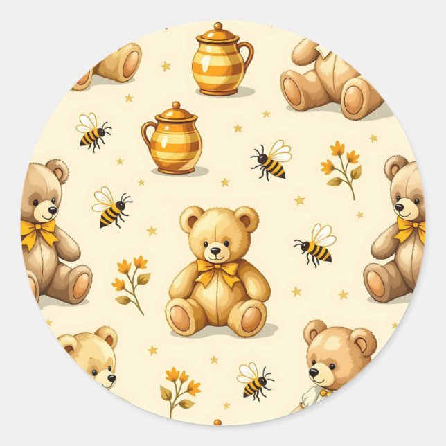 Teddy Bears Honey Bees Nursery Pattern Classic Round Sticker (Front)
