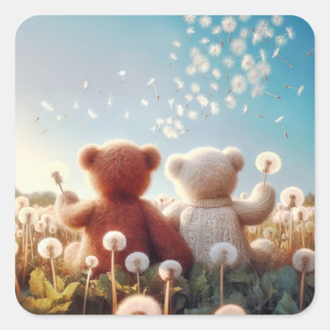 Teddy Bears In a Dandelion Field Square Sticker (Front)