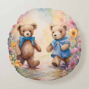 Teddy bears  In a Pastel Garden Round Cushion
