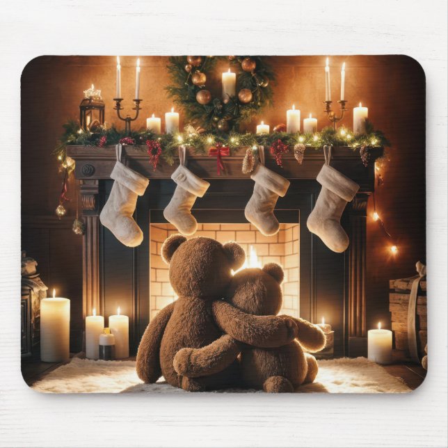 Teddy Bears In Front Of A Christmas Fireplace Mouse Pad (Front)