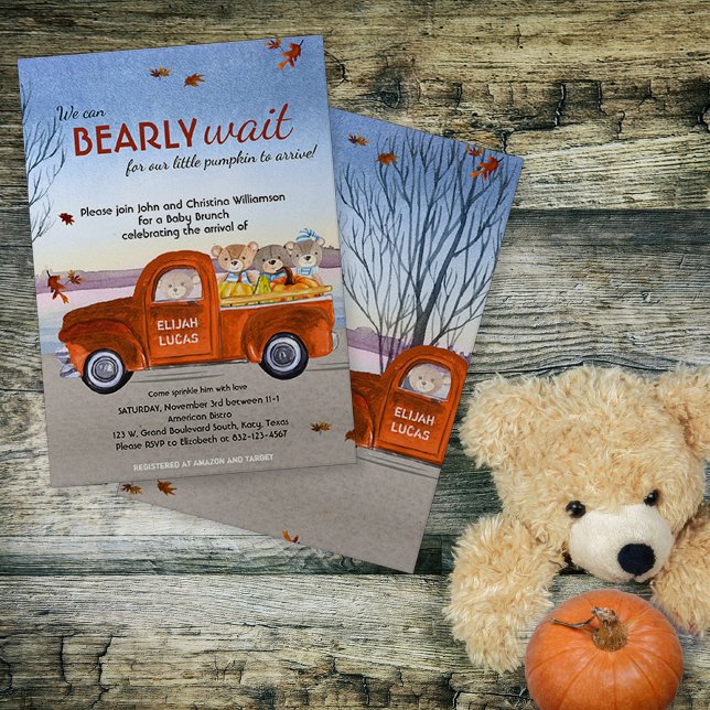 Teddy Bears in Orange Truck Fall Baby Shower Invitation (Creator Uploaded)