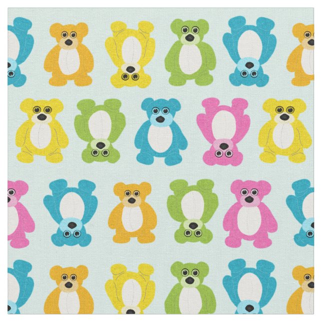 Teddy Bears in Rainbow Colours on Mint Green Fabric (Close Up)