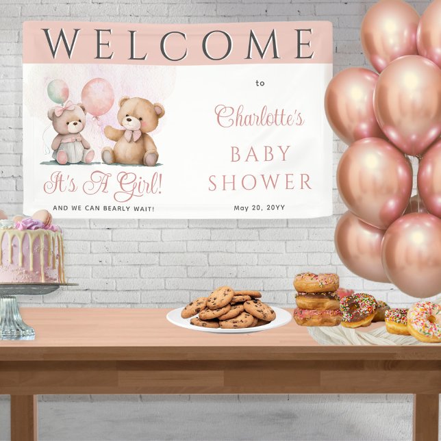Teddy Bears It's A Girl Bearly Wait Baby Shower Banner (Creator Uploaded)