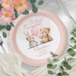 Teddy Bears It's A Girl Bearly Wait Baby Shower Paper Plate<br><div class="desc">A pair of sweet teddy bears holding balloons "It's A Girl and We Can Bearly Wait!" Baby Shower design.</div>