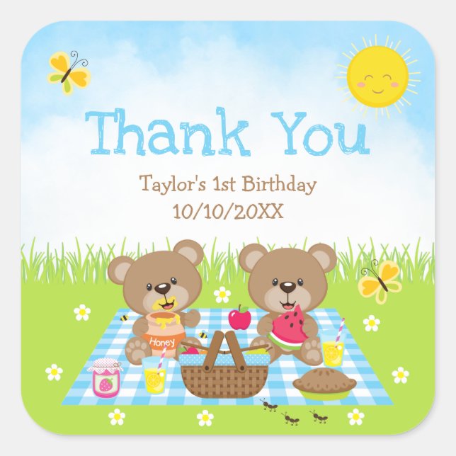 Teddy Bears Picnic Birthday Blue Gingham Thank You Square Sticker (Front)