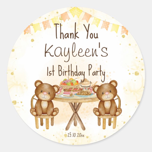 Teddy bears picnic birthday party favour classic round sticker (Front)