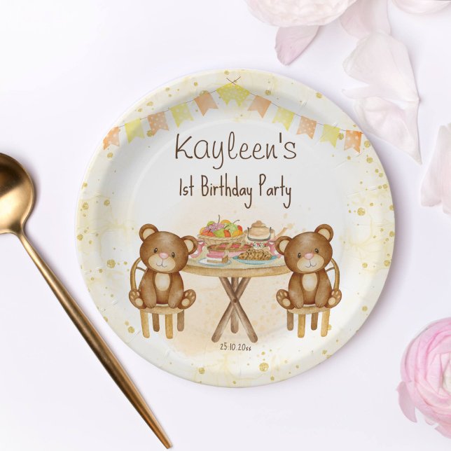 Teddy bears picnic birthday party  paper plate (Teddy bear picnic birthday tableware personalized plates cute teddy bears at the table)