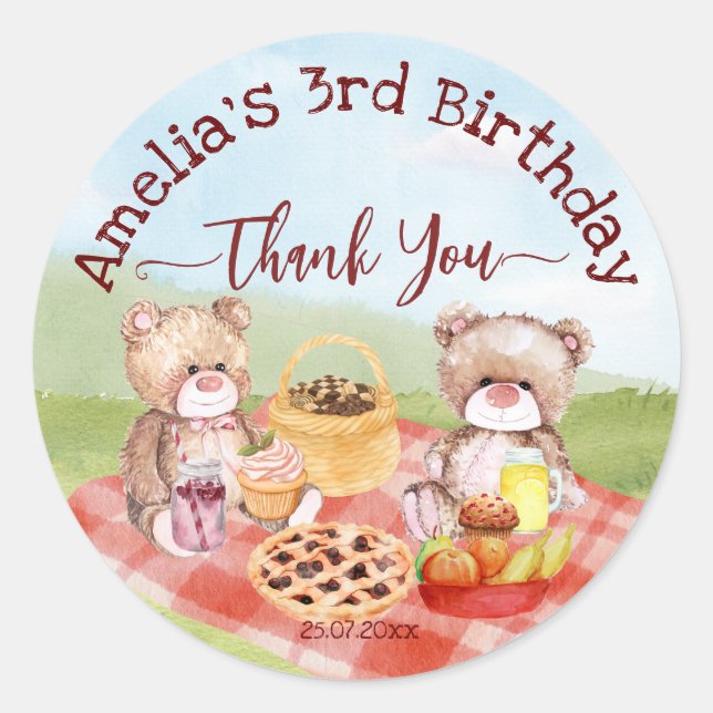Teddy bears picnic birthday party thank you classic round sticker (Front)