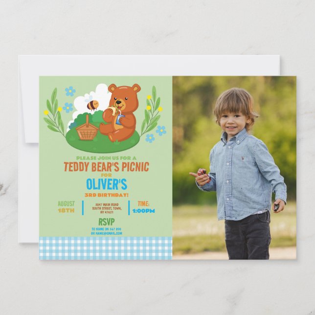 Teddy Bear's Picnic Birthday Photo Park Blue Invitation (Front)