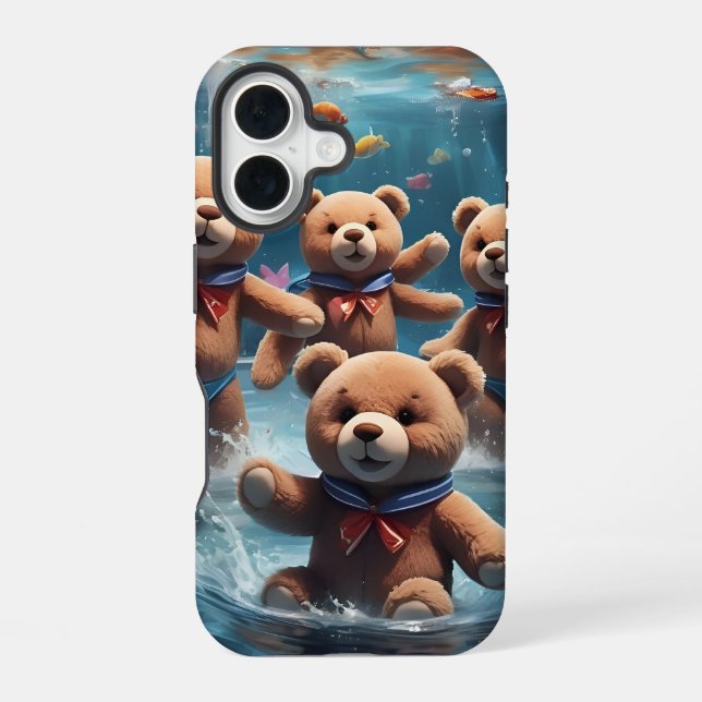 Teddy Bears Swimming in a Pool of Fish iPhone 16 Case (Back)