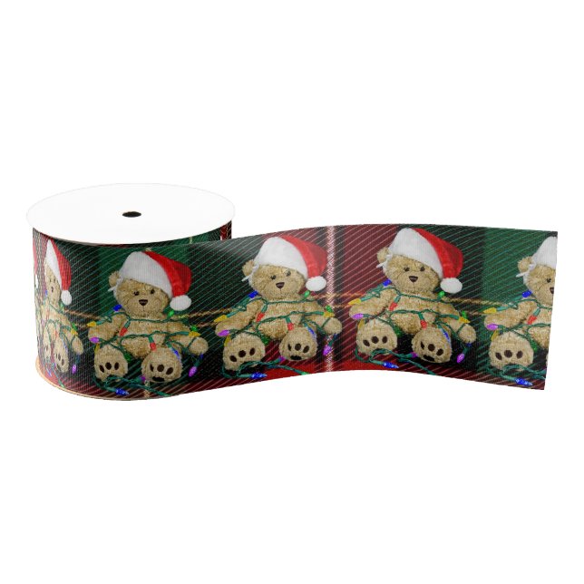 Teddy Bears Tangled In Christmas Lights On Plaid Grosgrain Ribbon (Spool)