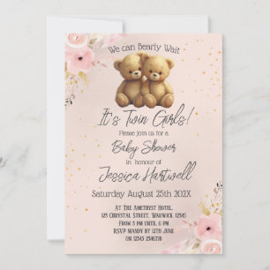 Teddy Bears Twin Girls Baby Shower Invitation