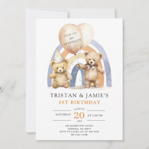 Teddy Bears Twins 1st Birthday Watercolor Invitation