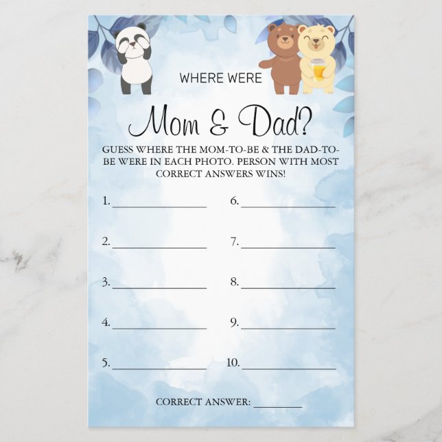 Teddy Bears Where were They Baby shower game card (Front)