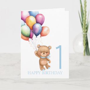Teddy Blue 1st Birthday Balloons Card
