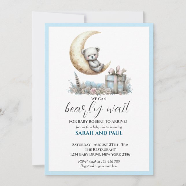 Teddy Blue Bear We Can Bearly Wait  Invitation (Front)