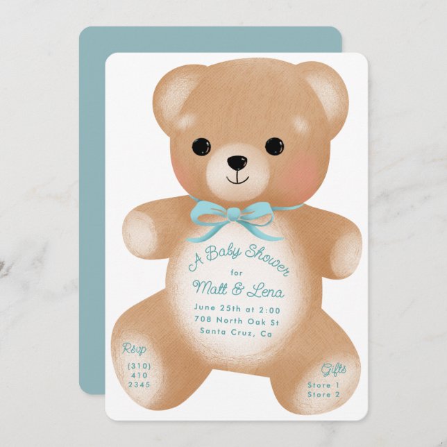 Teddy Blue Bow Baby Shower Invitation (Front/Back)