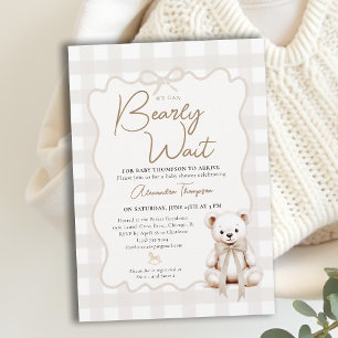 Teddy Bow Neutral Gingham Bearly Wait Baby Shower Invitation