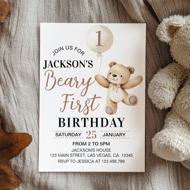 Teddy Brown Balloon Beary First Birthday Invitation (Creator Uploaded)