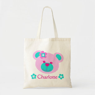 Teddy face pink aqua personalised name bag
