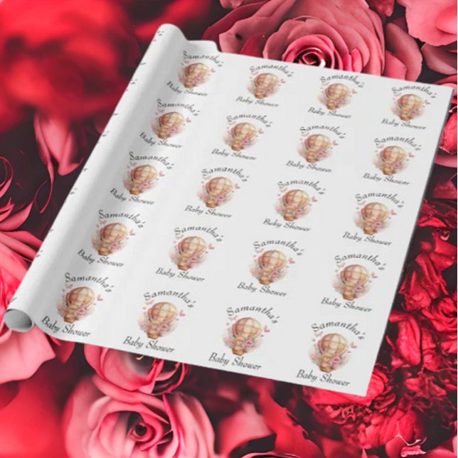 Teddy Foral Girl Hot Air Balloon Baby Shower   Wrapping Paper (Bring your dream party to life with our selection of quality Teddy Bear themed party supplies )