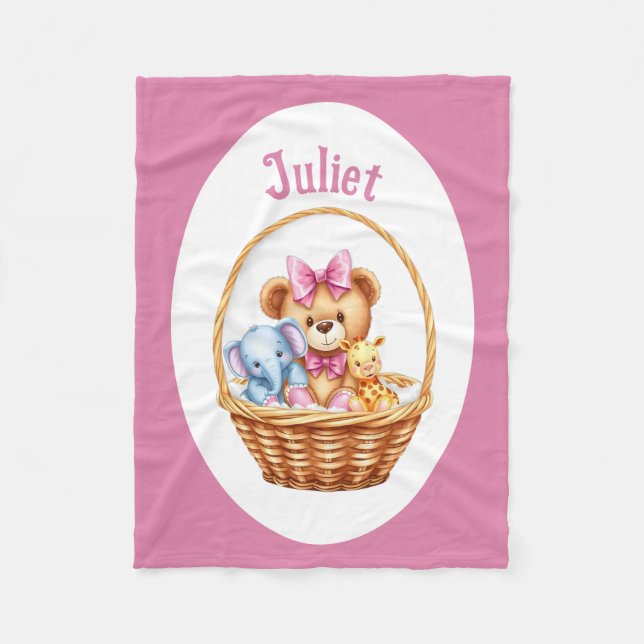 Teddy & friends in a basket Fleece Blanket (Front)