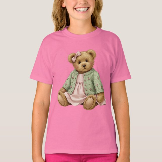  Teddy in a Pink Dress and Green Cardigan T-Shirt (Front)