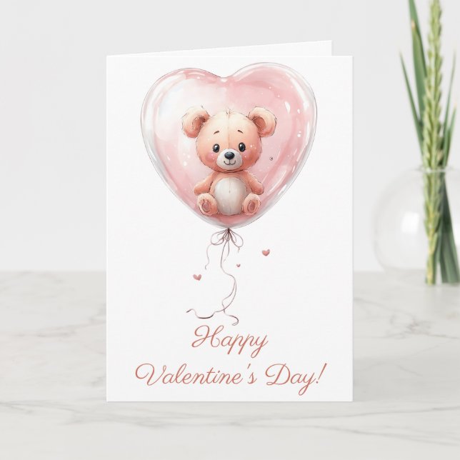 Teddy in Heart Balloon Valentines Design Card (Front)