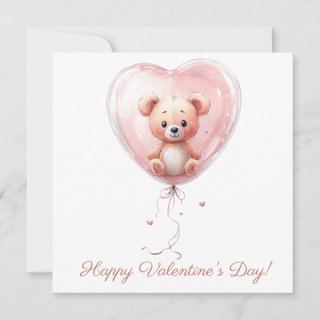 Teddy in Heart Balloon Valentines Design Card (Front)