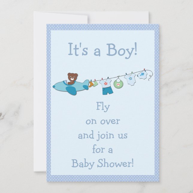 Teddy in Plane & Clothesline Blue Boy Baby Shower Invitation (Front)
