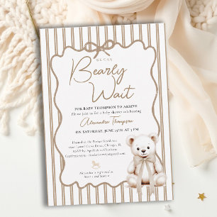 Teddy Neutral Stripes Bearly Wait Bow Baby Shower Invitation